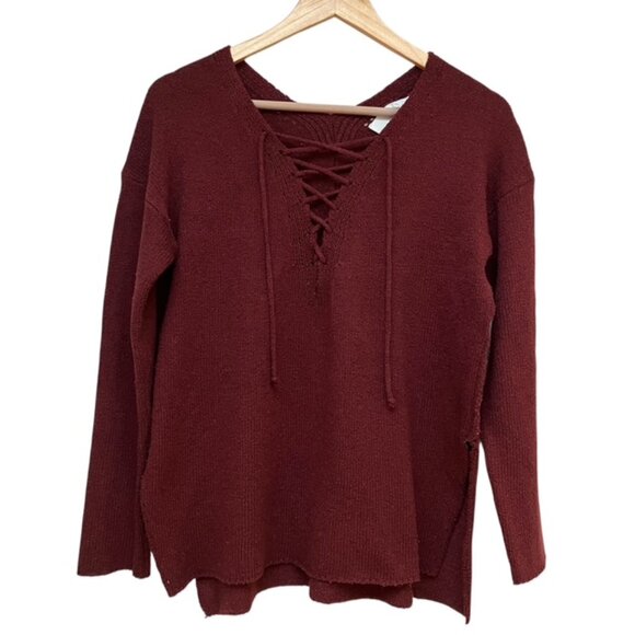 ASTR The Label Maroon Lace up V neck long sleeve sweater S - Picture 1 of 7